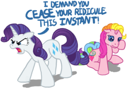Size: 1524x1052 | Tagged: safe, artist:anscathmarcach, rarity, rarity (g3), pony, unicorn, g3, g4, angry, angry rarity, crying, dialogue, duo, female, mare, ponies defending previous generation, screaming, self ponidox, simple background, transparent background