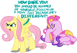 Size: 1552x1080 | Tagged: safe, artist:anscathmarcach, fluttershy, fluttershy (g3), pegasus, pony, g3, g4, angry, crying, dialogue, duo, female, hiding, hiding behind hooves, mare, ponies defending previous generation, self ponidox, simple background, spread wings, transparent background, wings