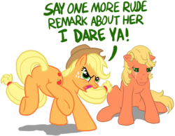 Size: 1392x1078 | Tagged: safe, artist:anscathmarcach, applejack, applejack (g1), earth pony, pony, g1, g4, angry, applebucking, applebucking thighs, applebutt, applejack's hat, bucking, butt, cowboy hat, crying, dialogue, female, generational ponidox, hat, imminent pain, mare, plot, ponies defending previous generation, sad, silly, silly pony, simple background, stetson, this will end in pain, this will not end well, transparent background, who's a silly pony