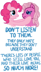 Size: 1035x1806 | Tagged: safe, artist:anscathmarcach, pinkie pie, pinkie pie (g3), earth pony, pony, g3, g4, blue text, comforting, crying, duo, female, mare, ponies defending previous generation, self ponidox, simple background, text, transparent background