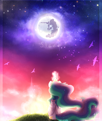 Size: 1280x1515 | Tagged: safe, artist:kotosova, princess celestia, lullaby for a princess, g4, female, magic, mare in the moon, moon, rear view, sitting, solo