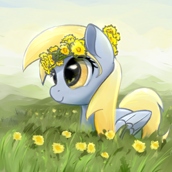Size: 1000x997 | Tagged: safe, artist:scootiebloom, derpy hooves, pegasus, pony, g4, cute, dandelion, female, floral head wreath, flower, flower in hair, grass, lying down, mare, prone, smiling, solo