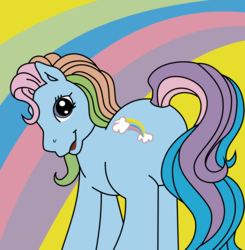 Size: 7829x8000 | Tagged: safe, artist:lion-ger, rainbow dash, rainbow dash (g3), g3, g4, absurd resolution, butt, cute, featureless crotch, female, looking at you, looking back, open mouth, plot, rainbutt dash, smiling, solo