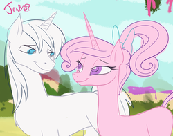 Size: 851x669 | Tagged: safe, artist:jowyb, princess cadance, shining armor, g4, eye contact, smiling, wip, younger