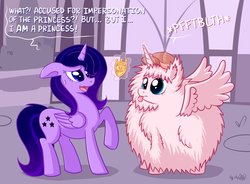 Size: 1742x1280 | Tagged: safe, artist:dsp2003, oc, oc only, oc:dark spark, oc:fluffle puff, alicorn, pony, alicorn oc, alicornified, comic, detective, female, flufflecorn, magic, race swap, single panel