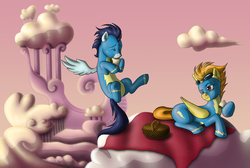 Size: 2500x1678 | Tagged: safe, artist:anadukune, soarin', spitfire, g4, cloud, cloudy, eating, eyes closed, female, flying, lidded eyes, male, picnic basket, prone, sandwich, ship:soarinfire, shipping, smiling, spread wings, straight, wonderbolts uniform