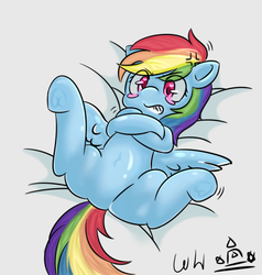 Size: 600x629 | Tagged: safe, artist:walthooves, rainbow dash, g4, belly button, blushing, featureless crotch, female, solo, underhoof