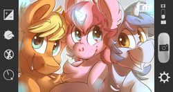 Size: 1280x679 | Tagged: safe, artist:blitzpony, oc, oc only, oc:lucid dream, oc:sugary violet, chest fluff, commission, cute, iphone, magic, selfie, shipping, smiling, technology