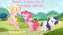 Size: 1050x590 | Tagged: safe, edit, edited screencap, screencap, fluttershy, pinkie pie, rarity, g4, putting your hoof down, caption, facehoof, image macro, meme, pink text, pose, yellow text