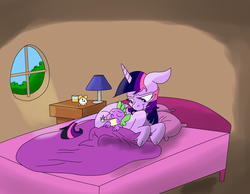 Size: 1280x995 | Tagged: safe, artist:ced75, artist:imsokyo, spike, twilight sparkle, classical unicorn, daily life of spike, g4, bed, cloven hooves, colored, cute, eyes closed, floppy ears, frown, horn, leonine tail, mama twilight, prone, sick, sleeping, smiling, spikabetes, spikelove, thermometer, twiabetes, unshorn fetlocks