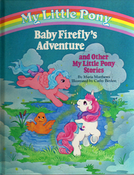 Size: 813x1059 | Tagged: safe, artist:cathy beylon, photographer:breyer600, baby firefly, duck, g1, baby firefly's adventure, book, book cover, cloud, cloudy, eye contact, flying, open mouth, pond, rain, raised hoof, smiling, tail bow, underhoof