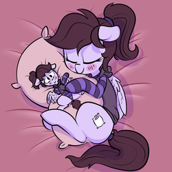 Size: 900x900 | Tagged: safe, artist:whydomenhavenipples, oc, oc only, oc:pillow case, pegasus, pony, blushing, body pillow, clothes, cute, eyes closed, female, mare, narcissism, ocbetes, pillow, sleeping, socks, solo, striped socks, striped underwear, underwear