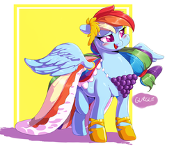 Size: 1000x836 | Tagged: dead source, safe, artist:sirmasterdufel, rainbow dash, g4, blushing, chubby, clothes, dress, female, gala dress, solo, stomach noise, weight gain sequence