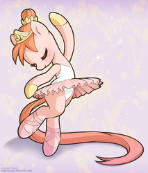 Size: 723x850 | Tagged: safe, artist:lindsay cibos, oc, oc only, ballerina, ballet, ballet slippers, bipedal, clothes, colored hooves, eyes closed, female, hair bun, leotard, long tail, mare, solo, tail, tiara, tutu