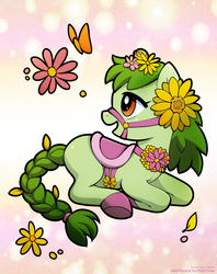 Size: 674x850 | Tagged: safe, artist:lindsay cibos, oc, oc only, butterfly, earth pony, pony, abstract background, braid, braided tail, bridle, choker, colored hooves, female, flower, flower in hair, looking back, mare, open mouth, saddle, smiling, solo, tack, tail band, underhoof