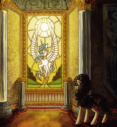 Size: 1127x1218 | Tagged: safe, artist:koviry, princess celestia, oc, g4, colored, indoors, spread wings, stained glass