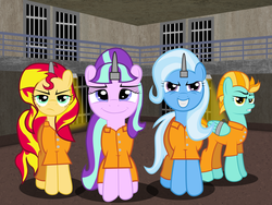 Size: 6750x5063 | Tagged: safe, artist:spellboundcanvas, lightning dust, starlight glimmer, sunset shimmer, trixie, pony, unicorn, g4, 2015, absurd resolution, bondage, bound wings, clothes, counterparts, horn, horn cap, magic suppression, magical trio, prison, prison outfit, prisoner sg, prisoner tx, starlight gets what's coming to her, twilight's counterparts