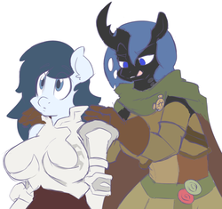 Size: 1868x1754 | Tagged: safe, artist:sweethd, oc, oc only, oc:blueberry smoothie, oc:myxine, changeling, changeling queen, anthro, anthro oc, armor, big breasts, blue changeling, breasts, changeling queen oc, female, fire emblem, rapeface, simple background, tongue out, white background