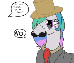 Size: 676x575 | Tagged: artist needed, safe, princess celestia, g4, dialogue, disguise, female, glasses, hat, moustache, solo