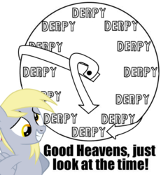 Size: 418x455 | Tagged: safe, derpy hooves, pegasus, pony, g4, clock, crossing the memes, female, grin, i just don't know what went wrong, just look at the time, mare, meme, smiling, solo