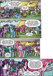 Size: 1116x1591 | Tagged: safe, idw, official comic, aloe, doctor whooves, pinkie pie, rainbow dash, roseluck, time turner, twilight sparkle, alicorn, earth pony, pegasus, pony, g4, spoiler:comic, spoiler:comic31, comic, female, mare, pronking, speech bubble, twilight sparkle (alicorn)