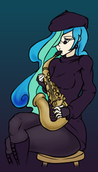 Size: 1200x2100 | Tagged: safe, artist:tipsie, princess celestia, human, g4, clothes, female, fingerless gloves, gloves, hair over one eye, hat, humanized, musical instrument, saxophone, sitting, solo, sunglasses