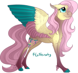 Size: 1280x1204 | Tagged: safe, artist:thepoisonjackal, fluttershy, pegasus, pony, g4, alternate design, colored hooves, colored wings, colored wingtips, fangs, feather, feathered fetlocks, female, headcanon, headcanon in the description, multicolored wings, realistic, realistic horse legs, scar, solo