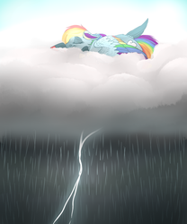 Size: 1280x1536 | Tagged: safe, artist:thepoisonjackal, rainbow dash, pegasus, pony, cloud, colored wings, female, lightning, multicolored wings, on a cloud, rain, rainbow wings, sleeping, sleeping on a cloud, solo, tail, tail feathers, wings