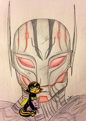 Size: 753x1060 | Tagged: safe, artist:ameliacostanza, spike, pony, robot, unicorn, wasp, g4, avengers, avengers: age of ultron, avengers: earth's mightiest heroes, crossover, janet van dyne, marvel, ponified, ship:spikewasp, traditional art, ultron, unconscious