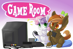 Size: 1500x1000 | Tagged: safe, artist:pusspuss, button mash, sweetie belle, g4, female, game console, gamer belle, male, ship:sweetiemash, shipping, straight, television, tongue out, video game