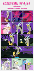 Size: 1904x3896 | Tagged: safe, artist:estories, discord, oc, oc:penumbra, alicorn, draconequus, pony, comic:find yourself, g4, comic, crystal, crystal horn, glowing, glowing eyes, glowing horn, horn, possessed, teleportation