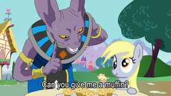 Size: 1920x1080 | Tagged: safe, derpy hooves, cat, pegasus, pony, anthro, g4, beerus, crossover, dragon ball, dragon ball z, equestria is doomed, female, male, mare, muffin, parody, scene parody, this will end in death, this will not end well, tree, xk-class end-of-the-world scenario