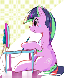 Size: 899x1099 | Tagged: safe, artist:kora, twilight sparkle, g4, computer, cute, drawing, female, hoof hold, monitor, sitting, smiling, solo, stylus, tablet