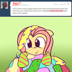 Size: 1024x1024 | Tagged: safe, artist:squiby-327, posey, ask posey, g1, ask, clothes, female, socks, solo, striped socks, tumblr