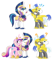 Size: 1000x1074 | Tagged: safe, artist:dm29, princess cadance, shining armor, alicorn, pony, unicorn, g4, cute, distraction, exclamation point, eyes closed, female, frown, heart, kissing, looking back, male, mare, open mouth, pointing, question mark, royal guard, ship:shiningcadance, shipping, simple background, smiling, speech bubble, stallion, straight, transparent background, wide eyes