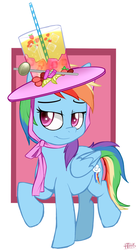 Size: 517x930 | Tagged: safe, artist:higglytownhero, rainbow dash, pegasus, pony, g4, drink, female, hat, lemonade, looking at you, mare, rainbow dash always dresses in style, solo, strawberry