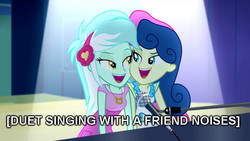 Size: 800x450 | Tagged: safe, edit, edited screencap, screencap, bon bon, lyra heartstrings, sweetie drops, equestria girls, g4, my little pony equestria girls: rainbow rocks, caption, descriptive noise, duet, image macro, meme, microphone, musical instrument, piano, singing