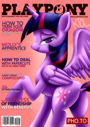 Size: 1024x1448 | Tagged: safe, artist:pshyzomancer, twilight sparkle, alicorn, pony, g4, bedroom eyes, butt, dock, female, looking at you, mare, playboy, playpony, plot, solo, twibutt, twilight sparkle (alicorn)