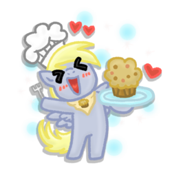 Size: 720x720 | Tagged: safe, artist:foxgirlkira, derpy hooves, pegasus, pony, g4, ><, bipedal, blushing, cute, derpabetes, eyes closed, female, happy, hoof hold, mare, muffin, simple background, smiling, that pony sure does love muffins, transparent background, xd