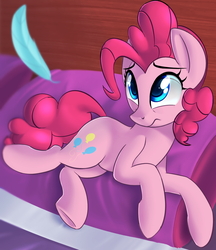 Size: 982x1138 | Tagged: safe, artist:january3rd, pinkie pie, earth pony, pony, g4, feather, female, implied rainbow dash, lying down, mare, pillow, solo, underhoof