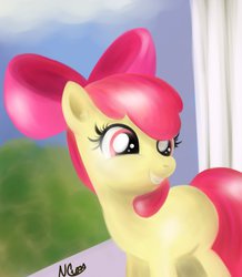 Size: 835x956 | Tagged: safe, artist:cwossie, apple bloom, earth pony, pony, g4, female, filly, foal, grin, outdoors, solo