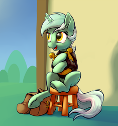 Size: 3191x3395 | Tagged: safe, artist:nadnerbd, lyra heartstrings, pony, unicorn, fanfic:background pony, g4, clothes, dig the swell hoodie, female, high res, hoodie, lyre, mare, musical instrument, open mouth, saddle bag, sitting, sitting lyra, solo, stool, underhoof