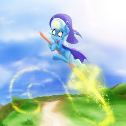 Size: 2200x2200 | Tagged: safe, artist:malifikyse, trixie, pony, unicorn, g4, broom, female, flying, flying broomstick, high res, mare, scared, solo