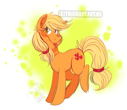 Size: 1222x1059 | Tagged: safe, artist:trishabeakens, applejack, earth pony, pony, g4, :p, blushing, cute, female, hatless, looking at you, missing accessory, raised leg, smiling, solo, tongue out, who's a silly pony