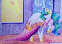 Size: 2543x1832 | Tagged: safe, artist:lortstreet54, princess celestia, g4, make new friends but keep discord, clothes, dress, female, raised hoof, solo, spread wings, traditional art