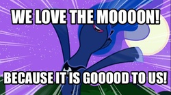 Size: 606x337 | Tagged: safe, edit, edited screencap, screencap, princess luna, alicorn, pony, g4, luna eclipsed, female, image macro, joel veitch, mare, meme, rathergood, solo, spongmonkeys, text, we love the moon