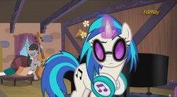 Size: 960x528 | Tagged: safe, screencap, dj pon-3, octavia melody, vinyl scratch, pony, g4, slice of life (episode), bipedal, cello, glasses, headphones, magic, musical instrument, piano, raised eyebrow, table, telekinesis