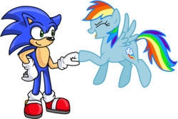 Size: 615x412 | Tagged: safe, artist:xsklx, rainbow dash, g4, crossover, crossover shipping, female, fist bump, interspecies, male, shipping, sonic the hedgehog, sonic the hedgehog (series), sonicdash, straight