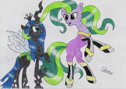 Size: 1024x725 | Tagged: safe, artist:spirit-dude, mane-iac, queen chrysalis, g4, simple background, traditional art, white background