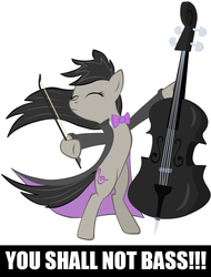 Size: 896x1179 | Tagged: safe, artist:virenth, edit, octavia melody, earth pony, pony, g4, slice of life (episode), awesome, badass, bipedal, bow (instrument), bowtie, clothes, double bass, eyes closed, female, gandalf, longcoat, lord of the rings, musical instrument, solo, you shall not pass